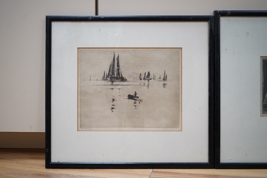 Frank Henry Mason (1875-1965) etching, Fishing smocks at sea, signed lower left, 18 x 22.5cm and two other etchings. Condition - fair, some general discolouration